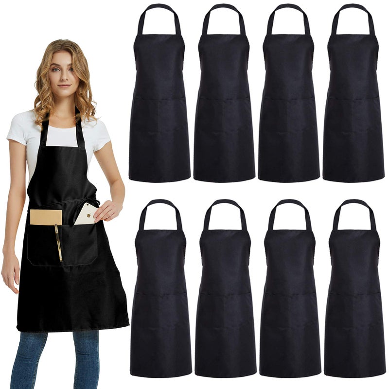 DUSKCOVE 8 Pack Bib Aprons Bulk - Unisex Black Commercial Apron with 2 Pockets for Kitchen Crafting BBQ Drawing Cooking - Image 1